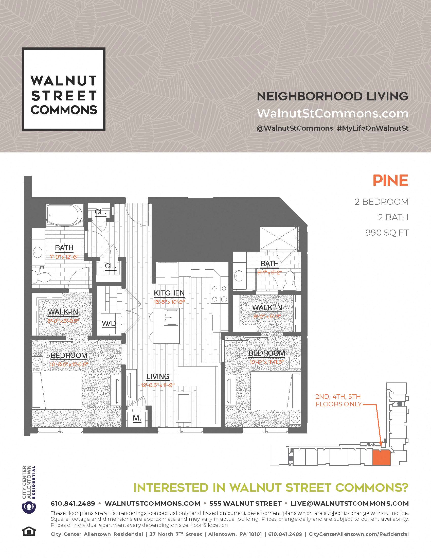 Floor plan for 2 beds, 2 baths, 990 sqft